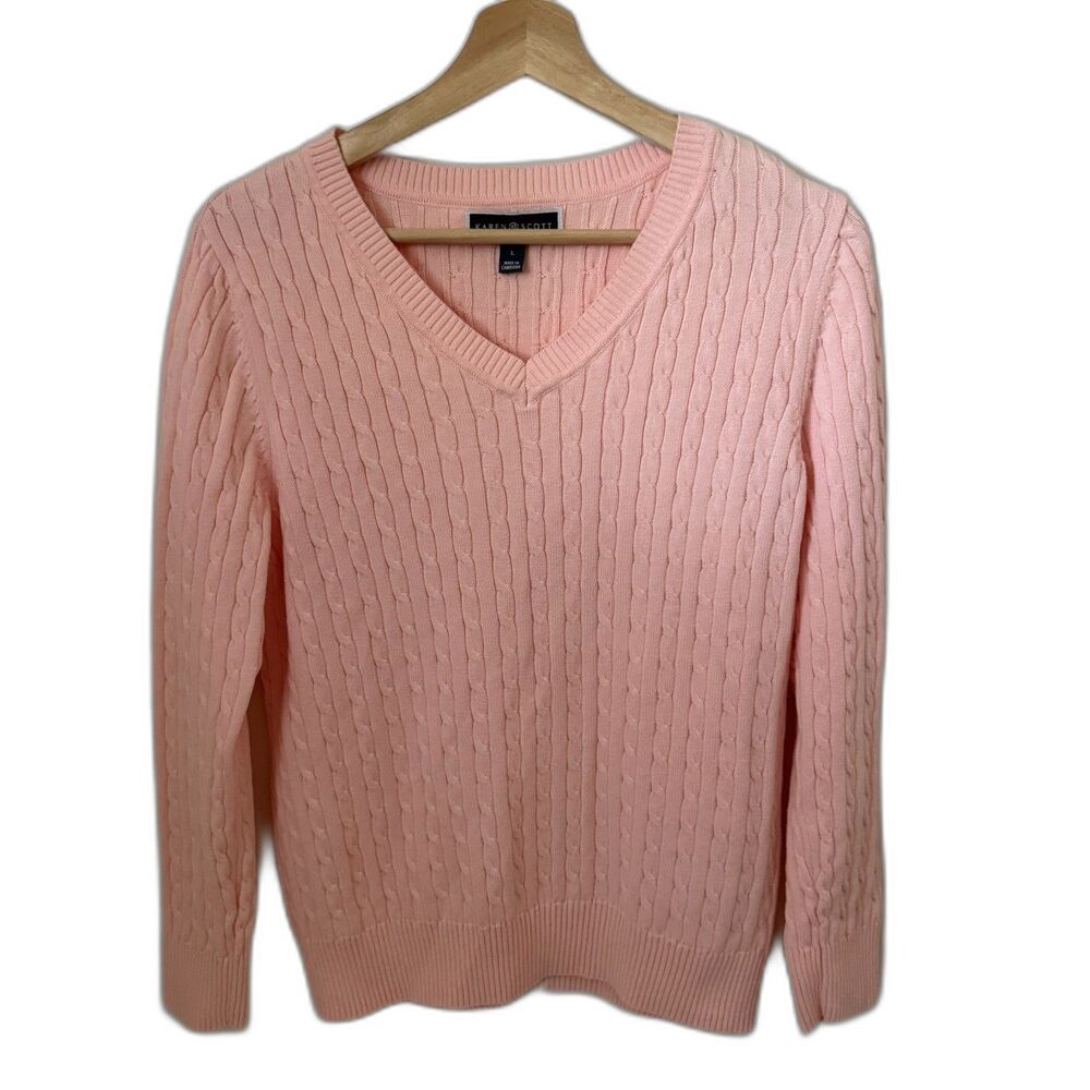 Karen Scott Classic Women's  V-Neck Cable Knit Long Sleeve Sweater Pink Preppy L